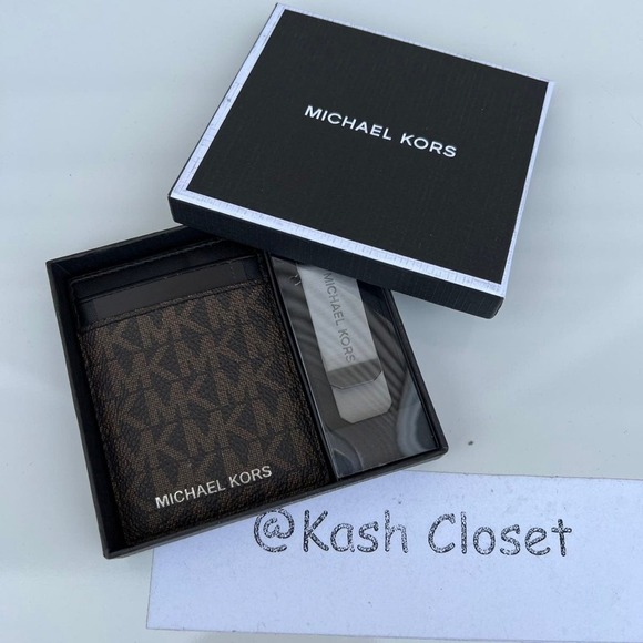 Michael Kors Card Case with Bill Clip Logo Brown - Picture 1 of 4